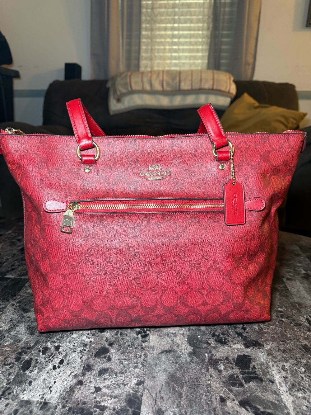 Coach Red Signature Canvas Tote with Gold Hardware
